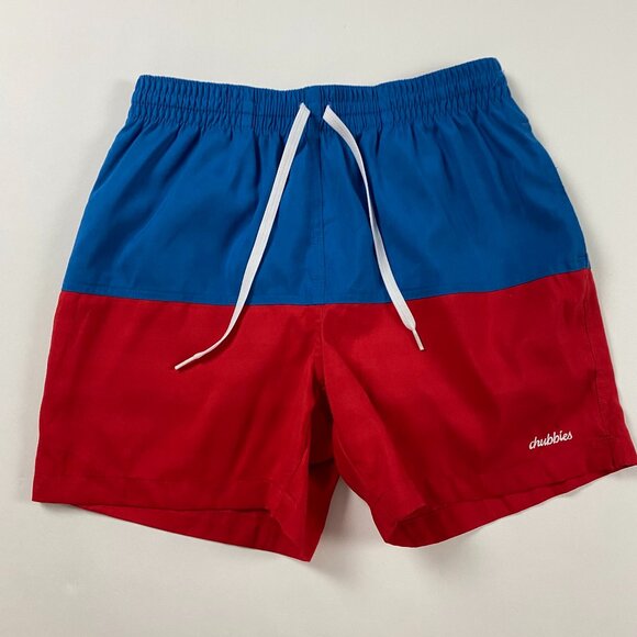 Chubbies Swim Trunks Shorts Mens Medium Lined Drawstring Red Blue Elastic Waist - Picture 1 of 11